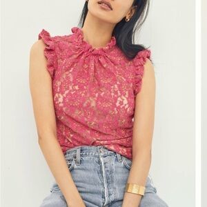 DOLAN Shirt Ruffled Lace Tank Top Pink Ruffle Sleeve Lace Floral Anthropologie S